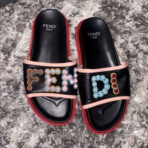 Fendi Black and Pink Slides Size 8.5